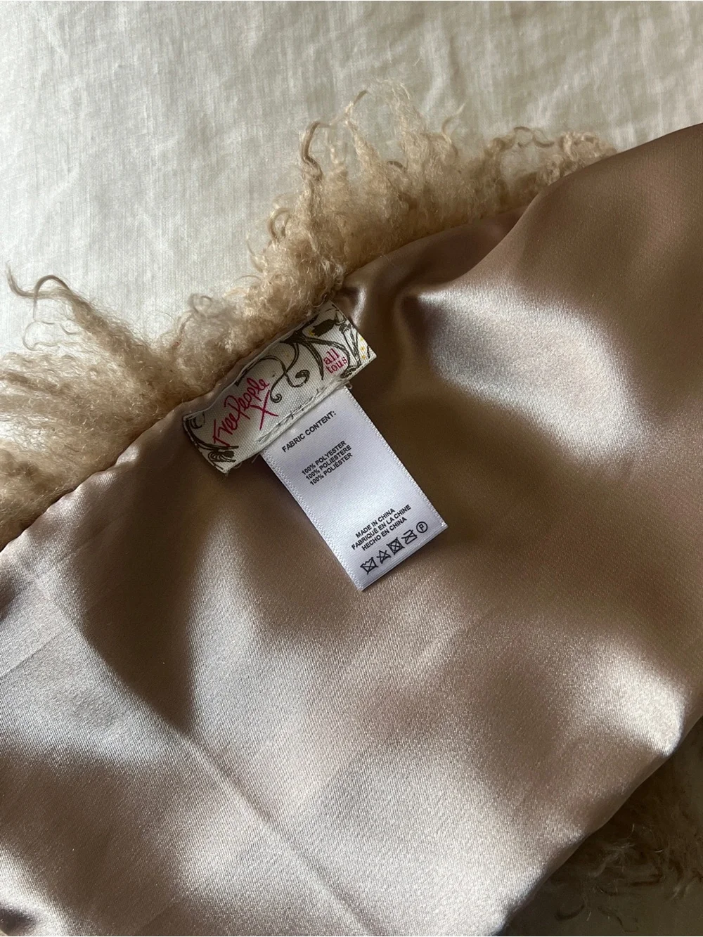 Free People Faux Fur Trim Satin Scarf in Taupe